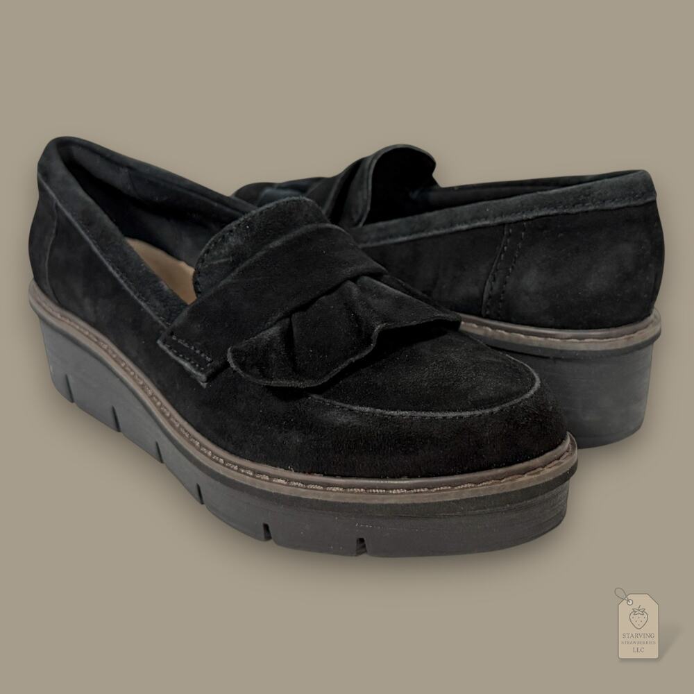 Clarks Airabell Slip Black Suede Ruffle Wedge Loafers Women’s 6.5 M
